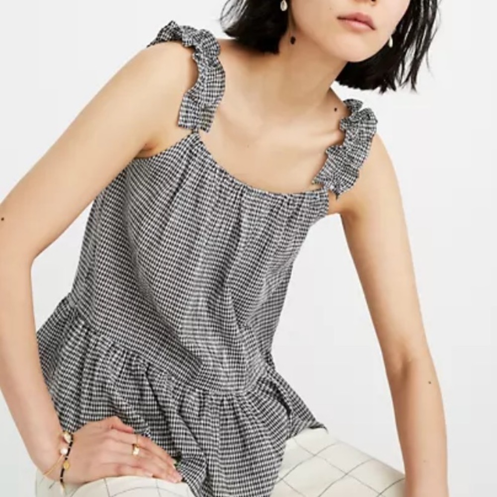 Madewell Ruffle Strap Black & White Gingham Peplum Tank Size 14